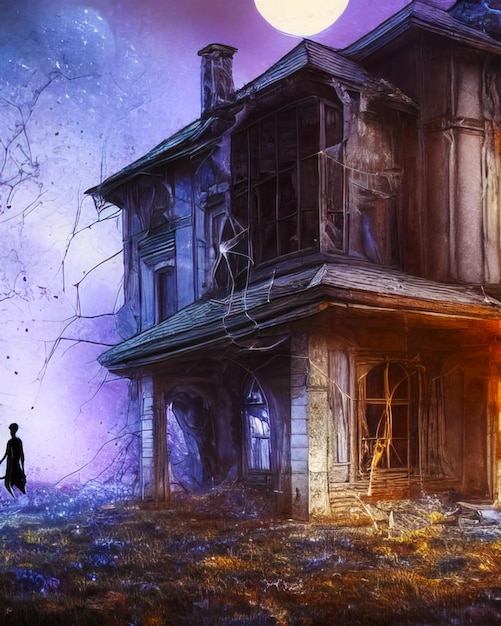 Figura spettrale del fantasma davanti alla vecchia casa abbandonata di notte Generativo ai