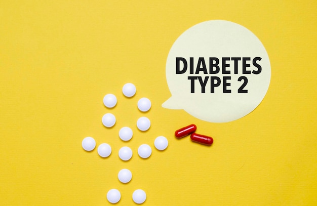 figura umana fatta di pillole e adesivo di carta con l'iscrizione TYPE 2 DIABETES
