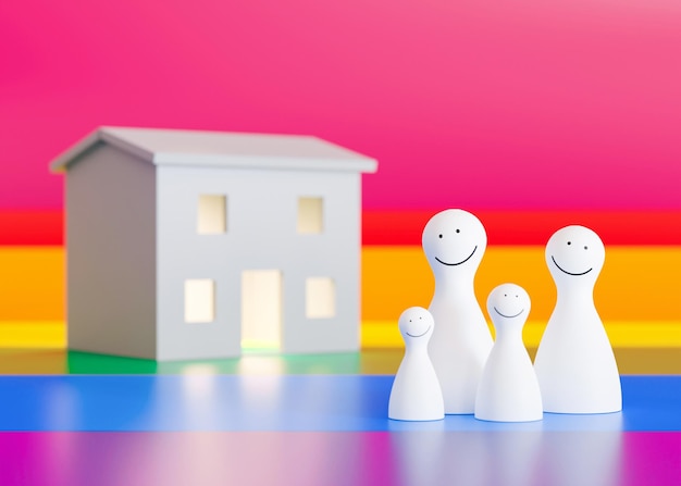 Figure della famiglia LGBT su sfondo arcobaleno Genitori omosessuali con bambini Concetto di adozione LGBT LGBTQ includono lesbiche gay bisessuali persone transgender Diversità matrimonio uguale 3D rendering