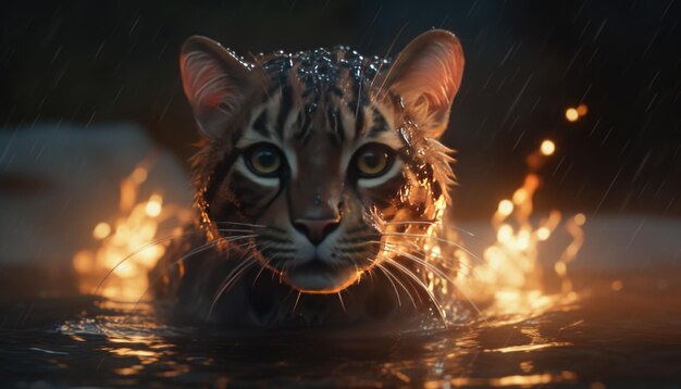 Figure di animali in acqua con effetto fuoco o acqua figura di gatto figura di leone Gattino e leoncino Generativo Ai