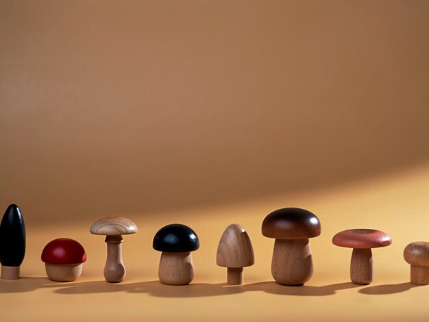 Figure di funghi in legno su sfondo beige con spazio per il testo Sfondo astratto del concetto di ecologia