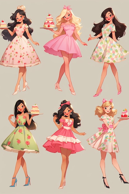 Figure di modelli di personaggi Illustrazioni stravaganti di ragazze in abiti a tema dessert e deliziose T