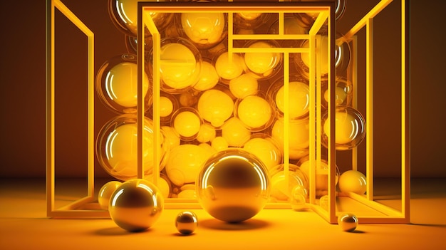 Figure geometriche AI generative sfere e sfere galleggianti di colore giallo
