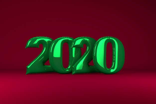 Figure gonfiabili metalliche verdi 2020 su rosso. Palloncini. Nuovo anno. Rendering 3D ,.
