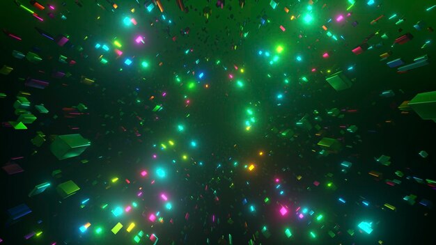 Figure rettangolari volano nello spazio Particelle luminose Volo al neon attraverso oggetti nello spazio Astratto sfondo scuro