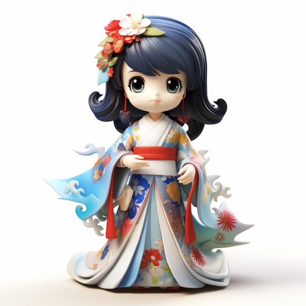 Figurina colorata in 3D di Charlotte in kimono Design di personaggi giocosi