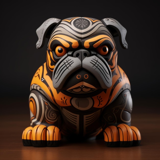 Figurina di bulldog di ispirazione maori in colori vivaci arancione e nero