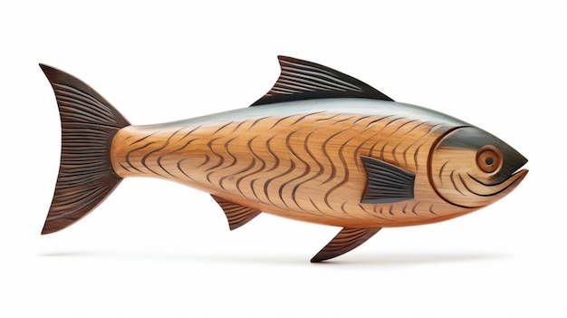 Figurina di pesce in legno scolpito su sfondo bianco