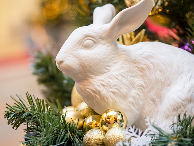 Figurina di un coniglio in ceramica con palloncini sotto l'albero Un simbolo del prossimo anno 2023