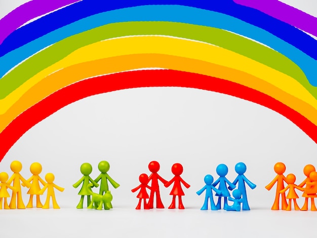 Figurine di persone multicolori su sfondo chiaro con un arcobaleno. famiglia tradizionale LGBT