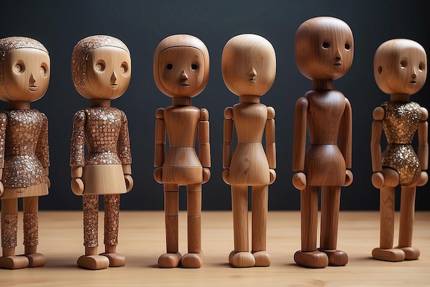 Figurine in legno senza facce in posizione casuale vista anteriore con stile realistico AI generativa