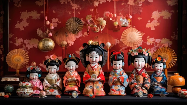 figurine su uno scaffale con sfondo rosso con caratteri cinesi.