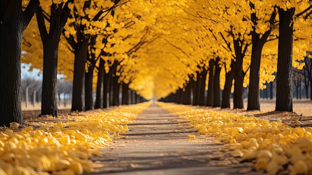 Fila di albero di ginkgo giallo