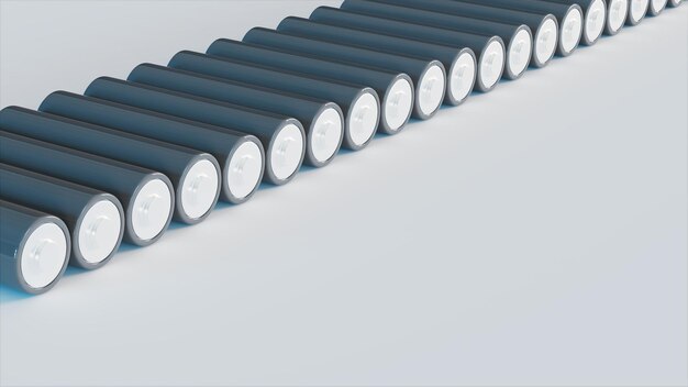 Fila di batterie elettriche di colore grigio scuro rendering 3d del tema di riciclaggio della fase bianca