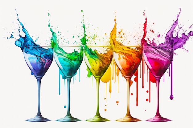 Fila di bicchieri da vino riempiti con diversi liquidi colorati su sfondo bianco IA generativa