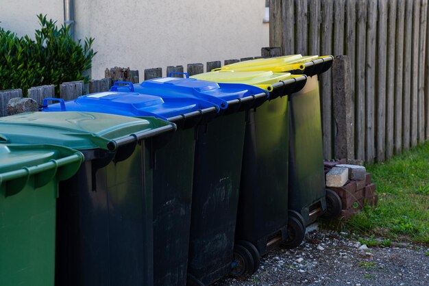 Fila di bidoni della spazzatura in plastica lungo la recinzione