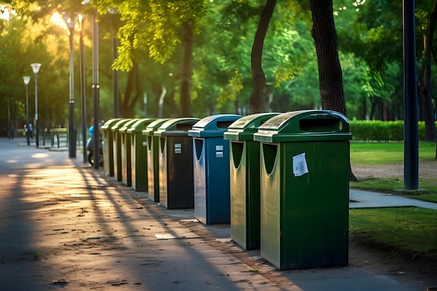 fila di bidoni per il riciclaggio nel parco della città