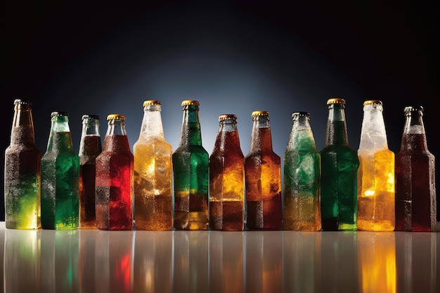 Fila di bottiglie di birra internazionali in cubetti di ghiaccio create con intelligenza artificiale generativa