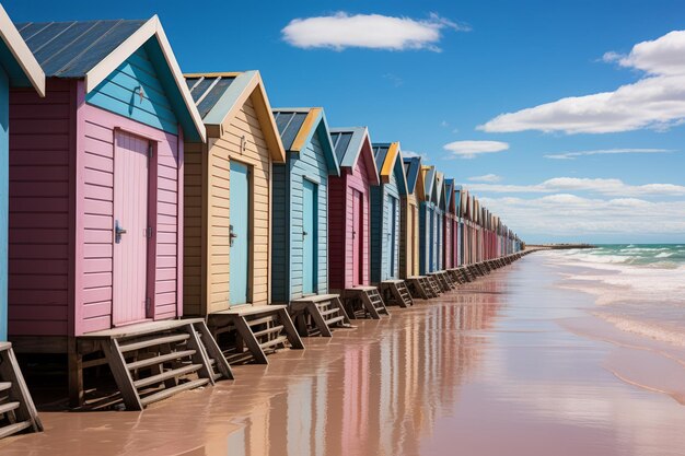 Fila di cabine colorate sulla spiaggia in una giornata soleggiata con i loro riflessi nel mare IA generativa