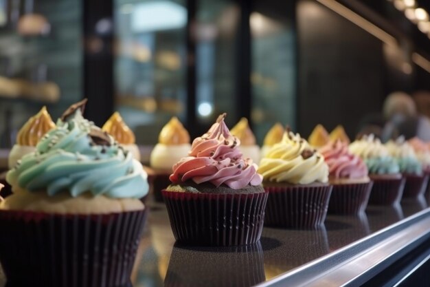 Fila di cupcakes classici e gourmet in mostra al panificio o al caffè creato con l'IA generativa