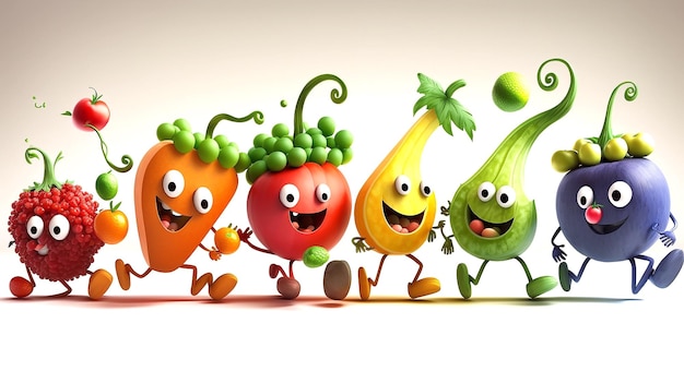 Fila di frutta e verdura divertenti che ballano su sfondo bianco IA generativa