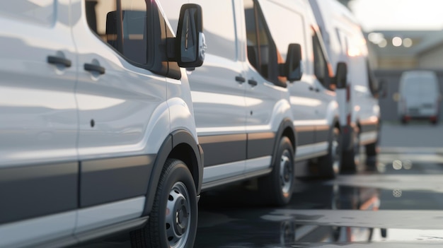 fila di furgoni di consegna parcheggiati con riflessi su asfalto bagnato