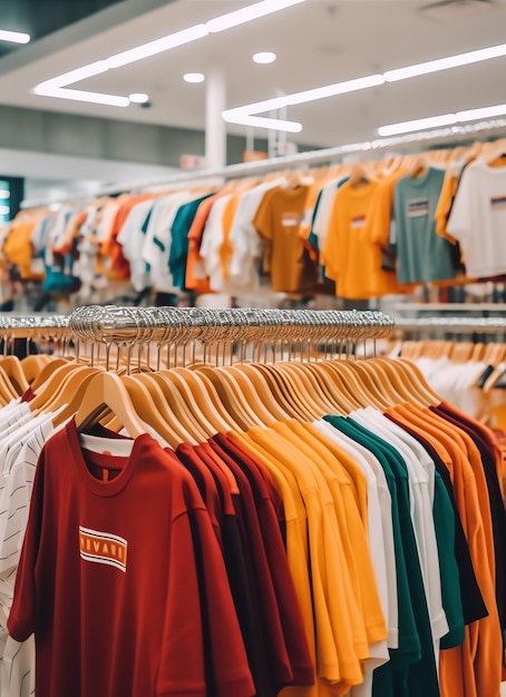 Fila di magliette polo alla moda per uomo su appendiabiti in legno o rack in un negozio di abbigliamento boutique