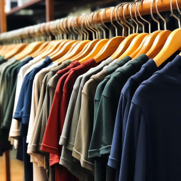 Fila di magliette polo alla moda per uomo su appendiabiti in legno o rack in un negozio di abbigliamento boutique