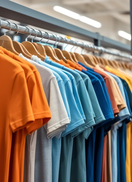 Fila di magliette polo alla moda per uomo su appendiabiti in legno o rack in un negozio di abbigliamento boutique