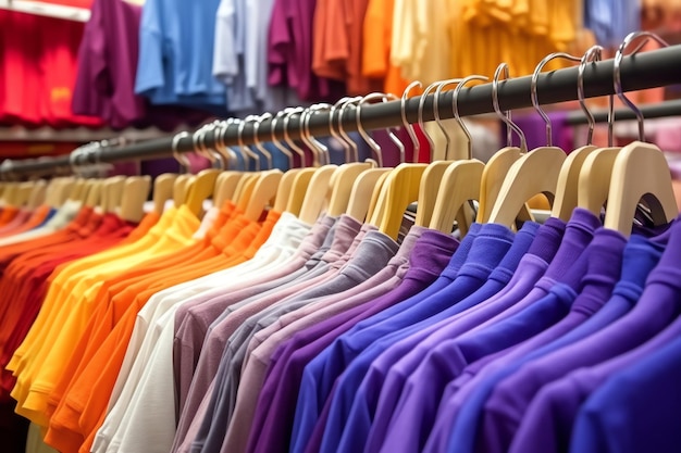Fila di magliette polo alla moda per uomo su appendiabiti in legno o rack in un negozio di abbigliamento boutique