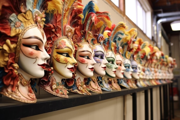 Fila di maschere veneziane appena fatte pronte per la celebrazione del carnevale creata con ai generativa