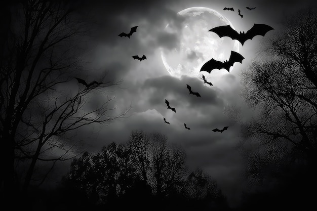 Fila di minacciosi pipistrelli neri in volo contro il cielo monocromatico al chiaro di luna AI generativa