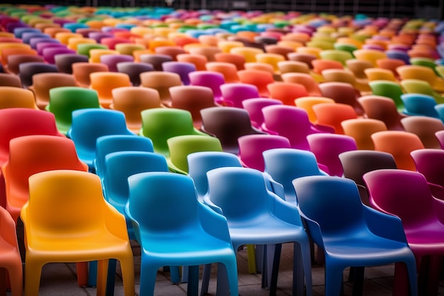 Fila di molte sedie colorate e multicolori in una stanza enorme