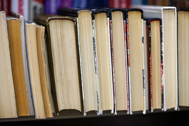 Fila di molti vecchi libri usati esposti presso la libreria antiquaria locale, foto con profondità di campo ridotta, solo poche pagine a fuoco