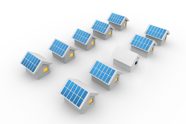 Fila di piccole case di carta con pannelli solari sul tetto isolato su bianco. Energia verde, rendering 3D.
