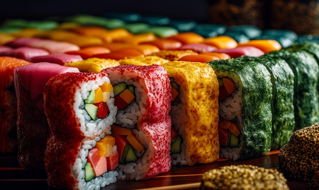 Fila di rotoli di sushi colorati seduti sopra il tavolo di legno IA generativa