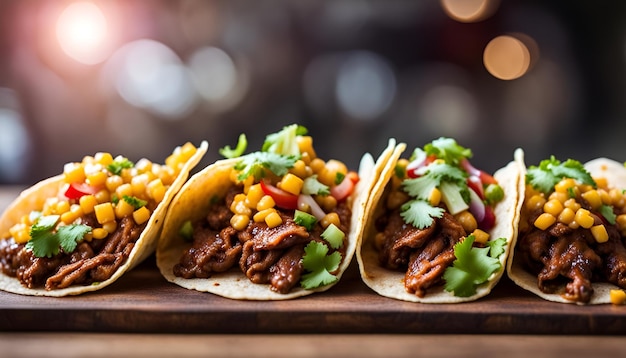 fila di tacos di strada messicani con carne asada e al pastore in tortilla di mais composizione a bandiera larga