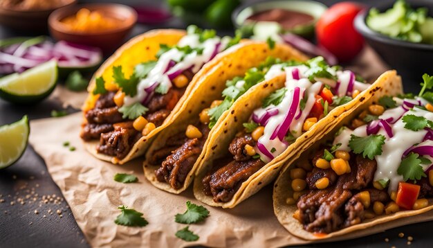 fila di tacos di strada messicani con carne asada e al pastore in tortilla di mais composizione a bandiera larga