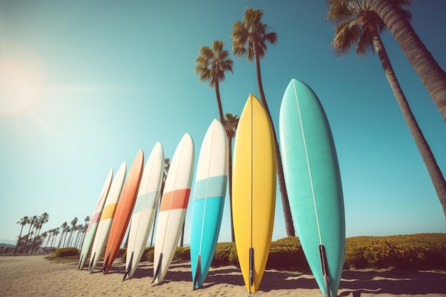 Fila di tavole da surf vicino alle palme Genera Ai