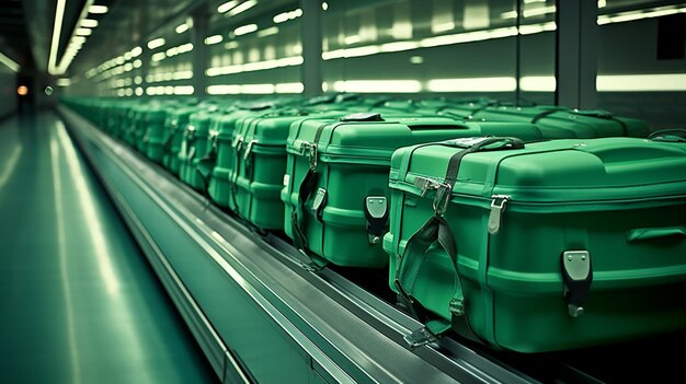 fila di valigie verdi sul nastro trasportatore in aeroporto. ai generativi.