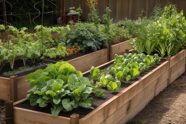 Fila di verdure ed erbe che crescono in un letto da giardino creato con ai generativo