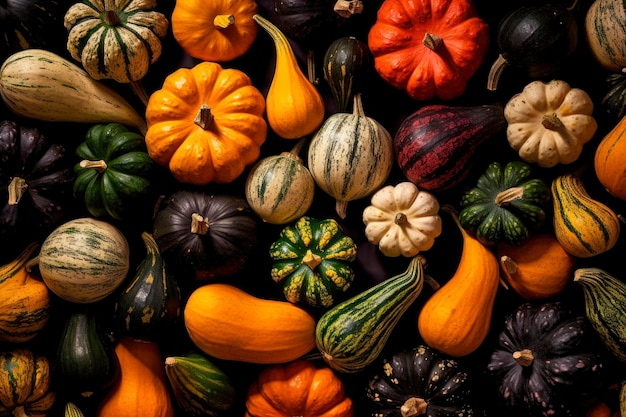 Fila di visualizzazione autunnale di grandi zucche arancioni sul mucchio a tutti i santi vigilia di ottobre Texture di verdure colorate scattata per il Giorno del Ringraziamento e lo sfondo delle vacanze di Halloween generato AI