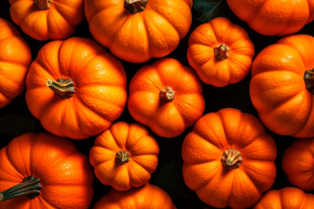 Fila di visualizzazione autunnale di grandi zucche arancioni sul mucchio a tutti i santi vigilia di ottobre Texture di verdure colorate scattata per il Giorno del Ringraziamento e lo sfondo delle vacanze di Halloween generato AI