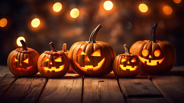 Fila di zucche di Halloween sul pavimento di legno Sfilata di Jack O Lantern per le vacanze di Halloween AI generato