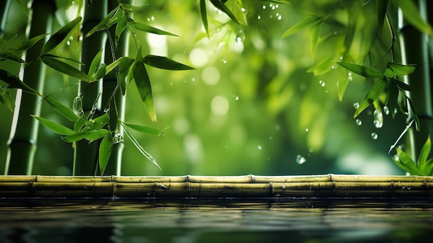 Fila orizzontale di forti gambi di bambù immersi nello sfondo idrico