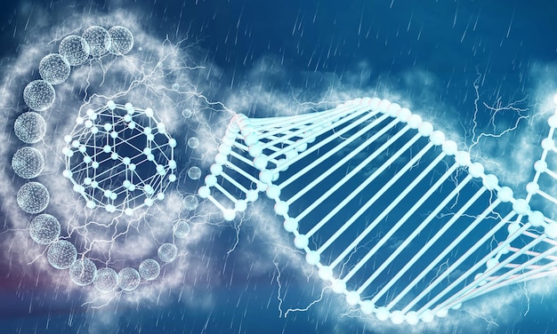 Filamento di DNA e concetto di ricerca, tempesta, rendering 3D