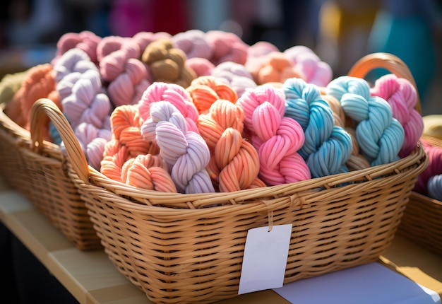 Filato colorato da lavorare a maglia in un cesto di vimini in una bancarella del mercato