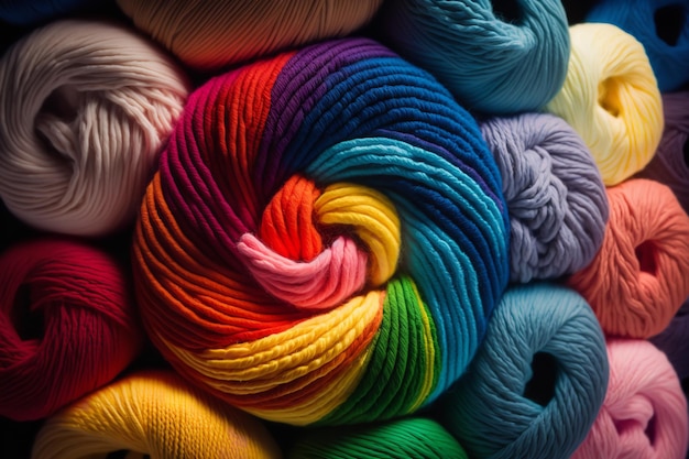 Filato in vari colori Uno spettro di colori vista aerea ogni colore filo per maglieria matasse di fibre Generative Ai