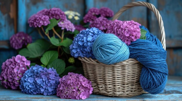 filato nel cestino e fiori sul tavolo