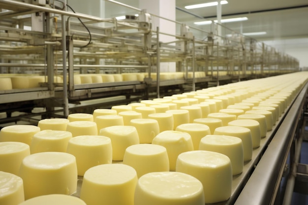 File di forme di formaggio su una catena di montaggio in un moderno caseificio che mostrano un processo pulito e ordinato L'immagine rappresenta la produzione alimentare su larga scala e la precisione tecnologica